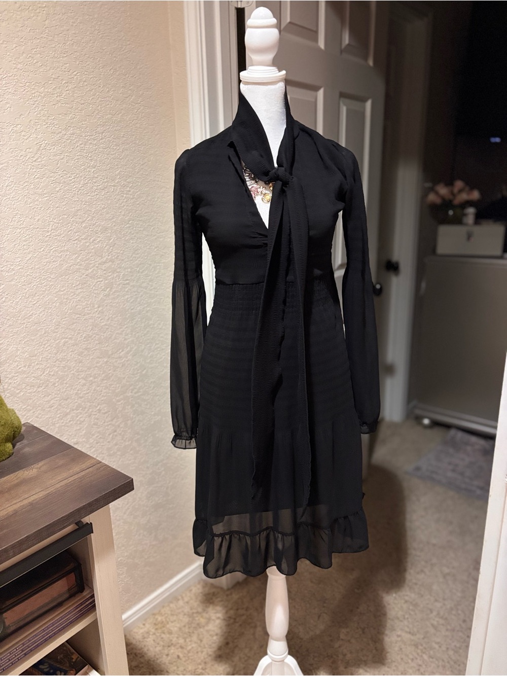 Zara Black Long-Sleeve Tie-Neck Midi Dress